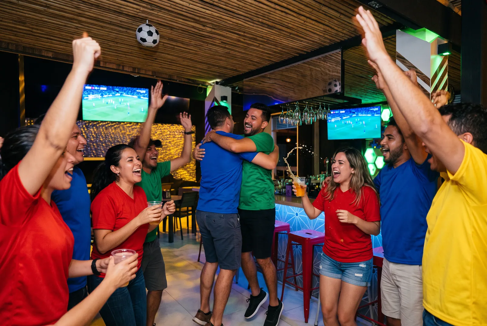 Amigos celebrando un gol frente a la pantalla grande