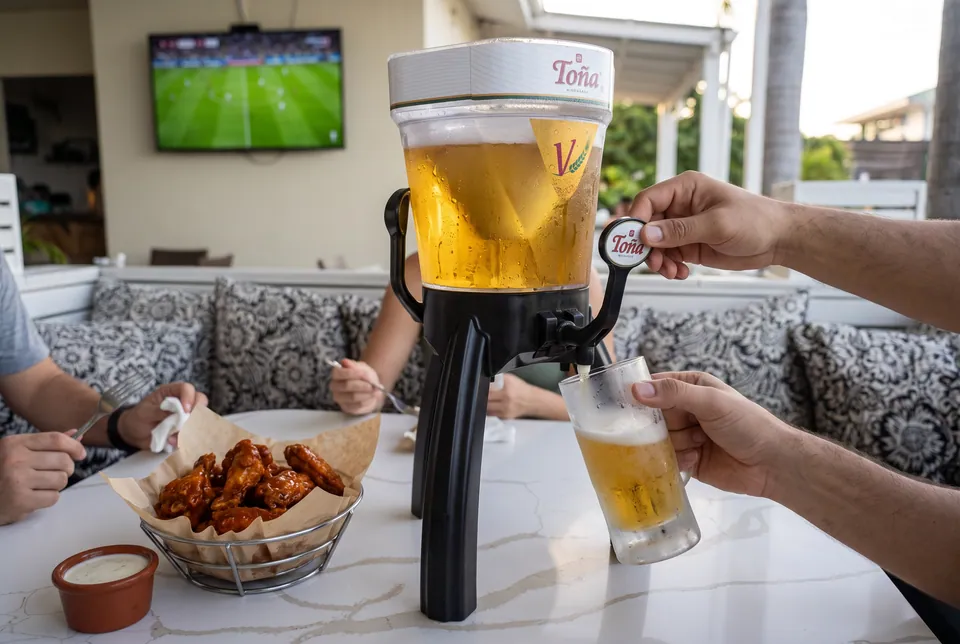 Torre de cerveza y alitas en la mesa