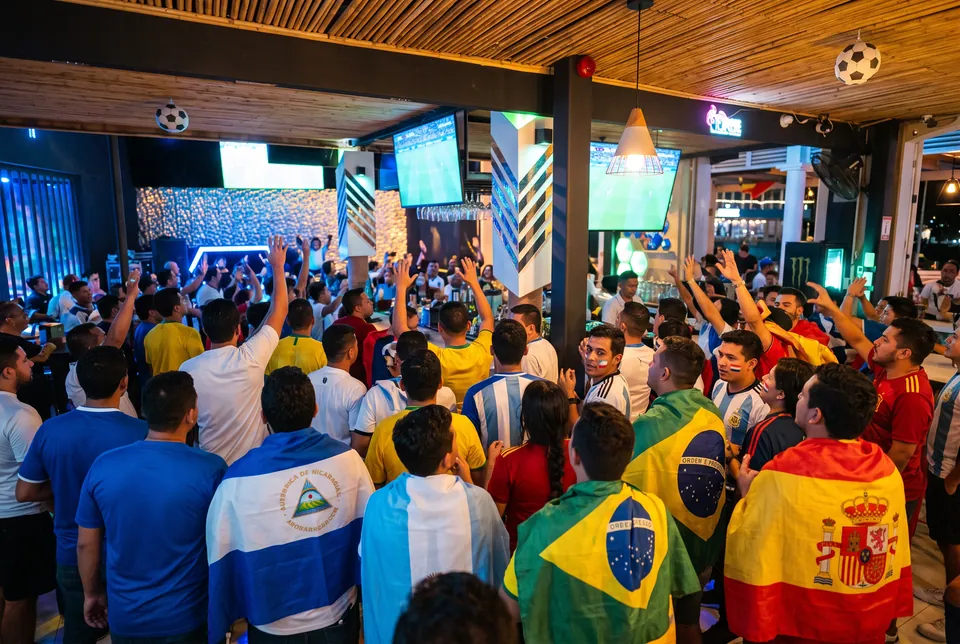 Camisetas y banderas en el salón principal