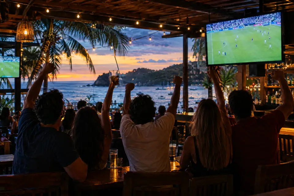 Friends seen from behind with their arms raised in front of the big screen showing a soccer game, at sunset over the bay