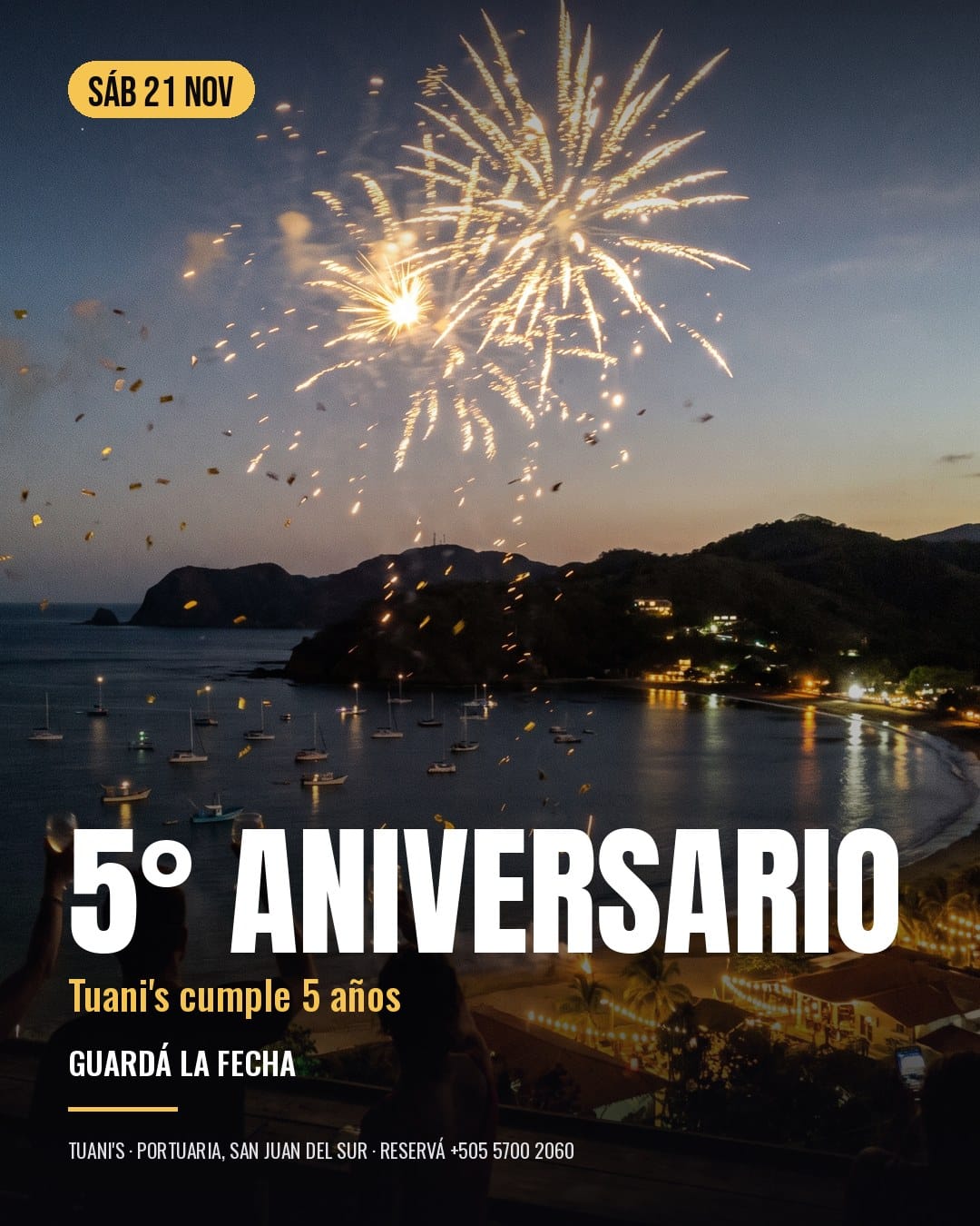 Tuani's 5th anniversary poster: Saturday 21 November. Tuani's turns 5: save the date