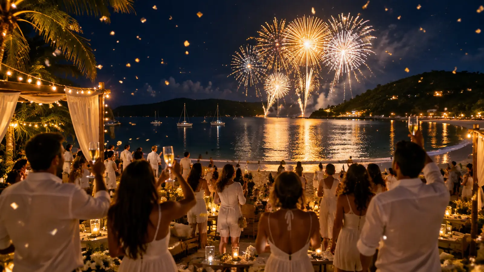 A New Year's Eve beach party, with guests dressed in white and golden fireworks over the San Juan del Sur bay
