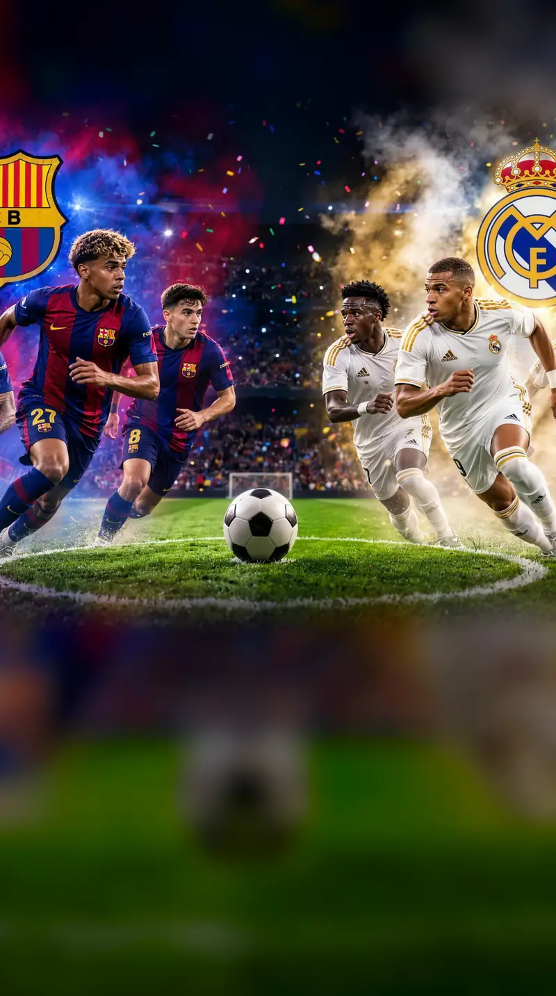 Jugadores del Barça y del Real Madrid corren hacia el balón en el centro del campo, con los escudos de ambos clubes, en un estadio de noche