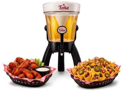 Torre de cerveza de 3 litros con alitas y nachos
