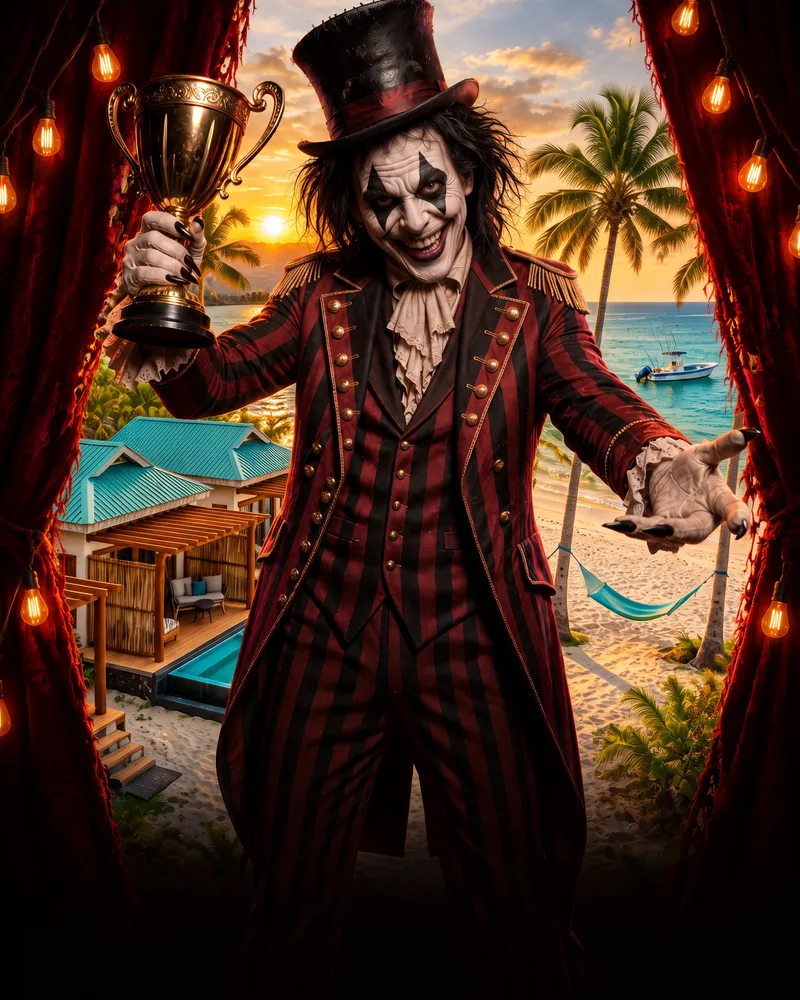 A grinning ringmaster clown in a red-and-black striped tailcoat and top hat raises a gold trophy between open circus curtains framing a beach at sunset