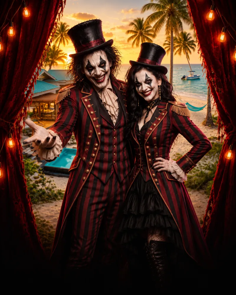 A couple of ringmaster clowns in matching striped tailcoats and top hats pose between open circus curtains framing a beach at sunset