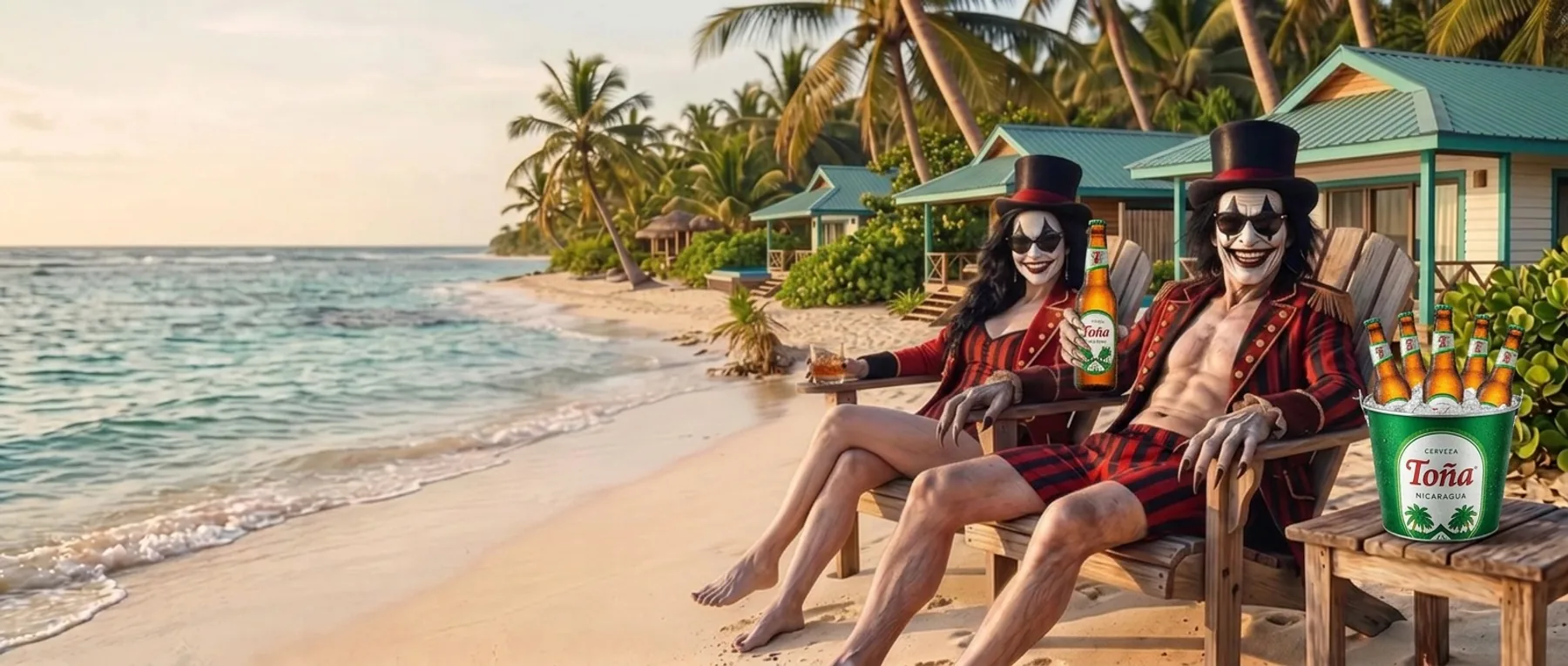 The ringmaster couple on vacation in sunglasses, in two deck chairs in front of the teal Yemaya Reefs villas on Little Corn Island; he raises a Toña and a bucket of iced Toñas sits on the side table