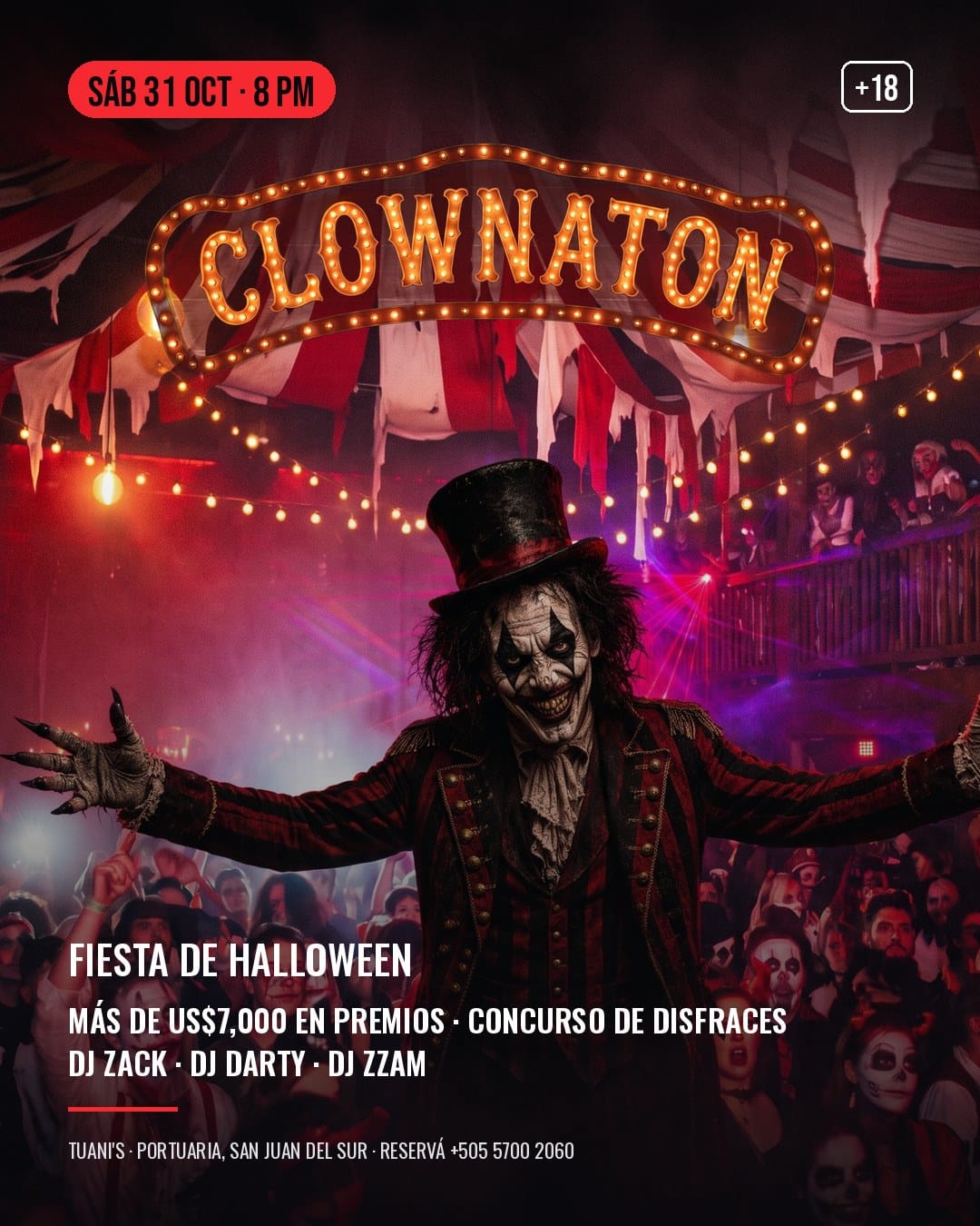 Clownaton Halloween Party poster at Tuani's: Saturday 31 October, 8 PM, 18+. More than US$7,000 in prizes, costume contest; DJ Zack, DJ Darty and DJ ZZAM