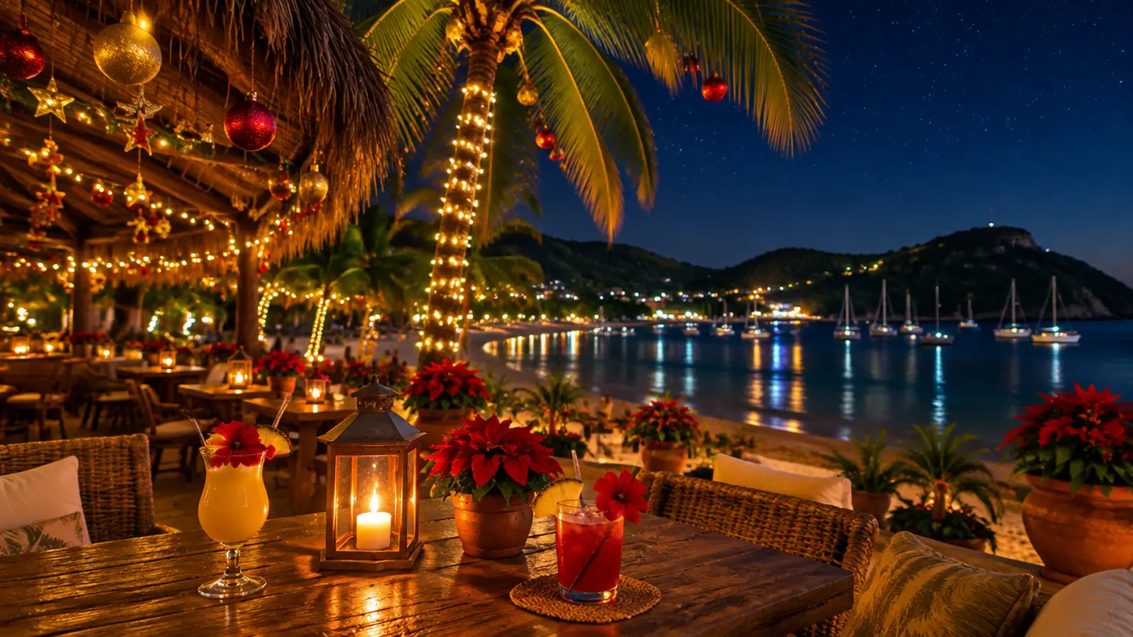 A tropical beach bar at night with Christmas lights on the palm trees, poinsettias and the San Juan del Sur bay behind