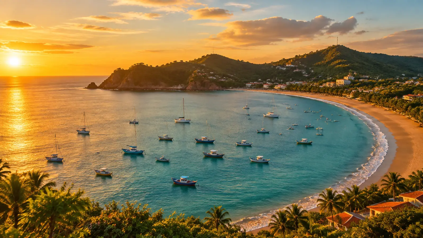 The bay of San Juan del Sur at golden hour, with boats anchored on turquoise water and green hills: Marea Alta, Holy Week 2027 at Tuani's